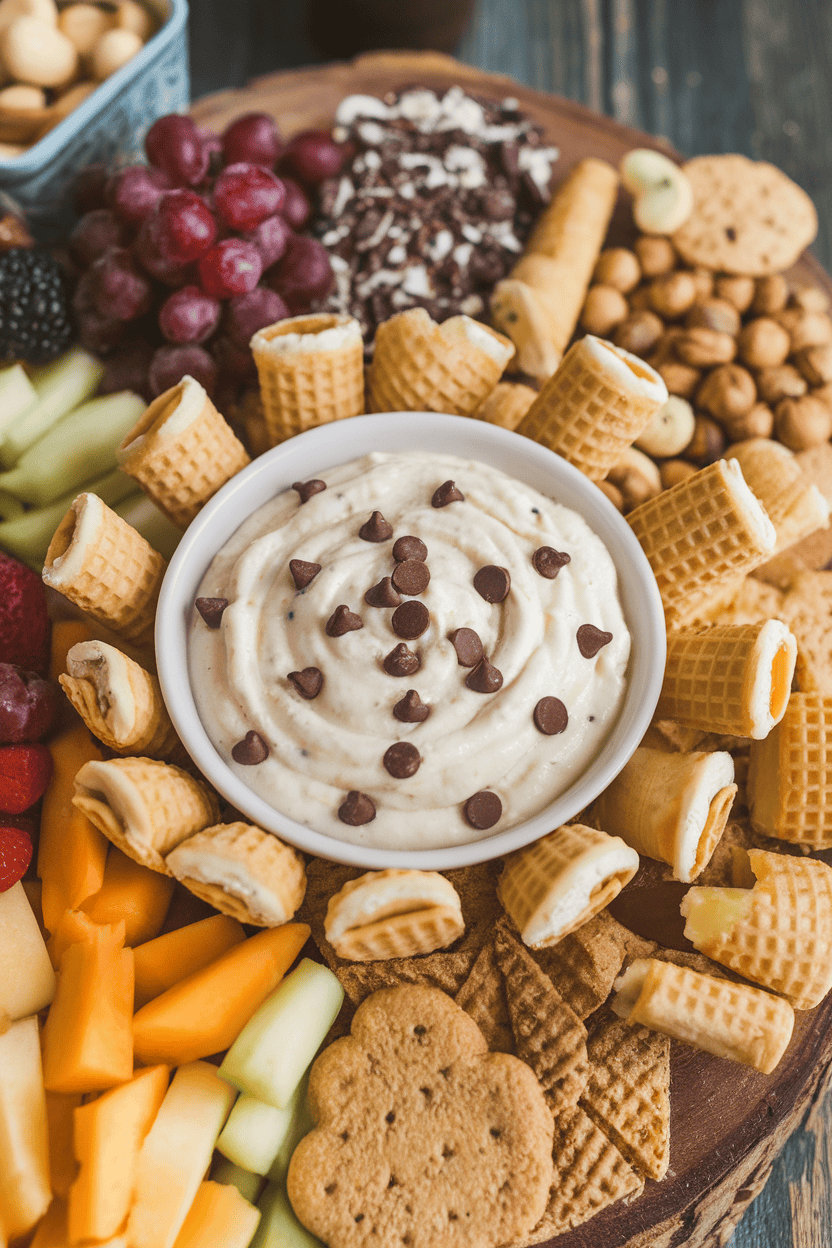 An indoor snack board with a bowl of creamy cannoli dip dotted with mini chocolate chips, surrounded by broken waffle-cone pieces for dipping. No text or logos. Photo, not illustration.
