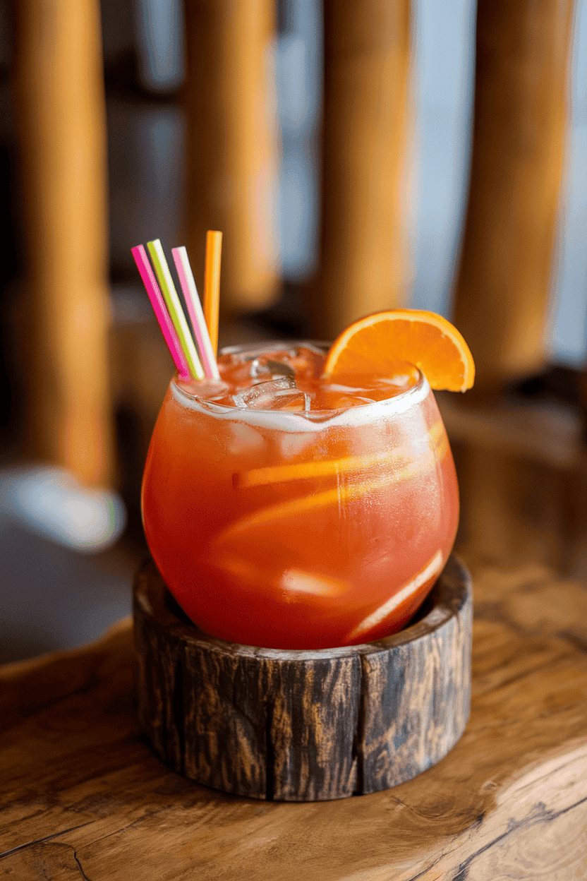 Photo, indoors, tiki bowl for two with colorful straws, filled with sunset-hued rum runner punch, orange slice afloat. No text or logos.