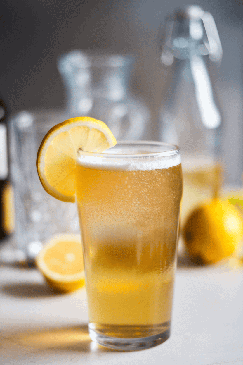 Photo, indoors, pint glass of hazy shandy, thin foamy head, lemon slice on rim. No text or logos present.