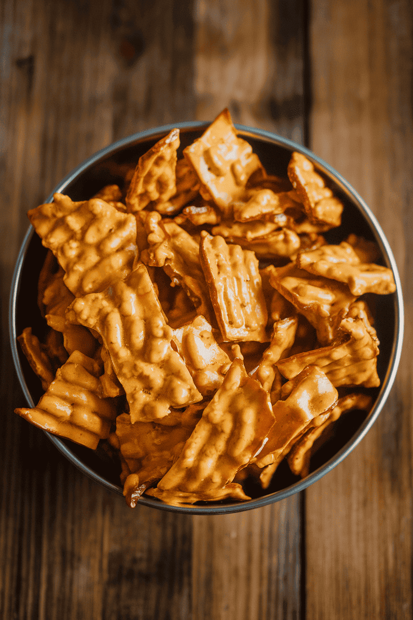 A shallow indoor bowl of broken pretzel pieces coated in golden honey mustard seasoning, a slight sheen hinting at caramelization. Warm light; no text or logos; photo, not illustration.