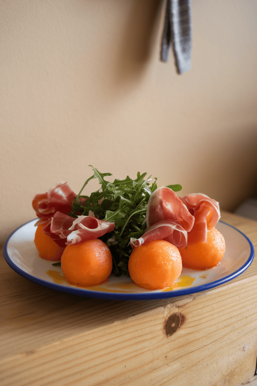 Indoor plate featuring cantaloupe balls, ribbons of prosciutto, and arugula drizzled with olive oil. Photo only, no text or logos.