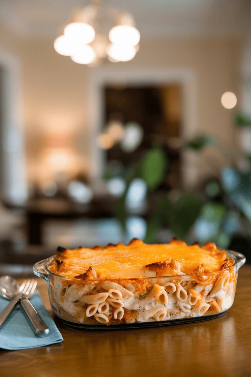 Indoor dining table with a casserole dish of penne, grilled chicken, and Alfredo sauce under a golden cheese crust; no logos or text, photo only.
