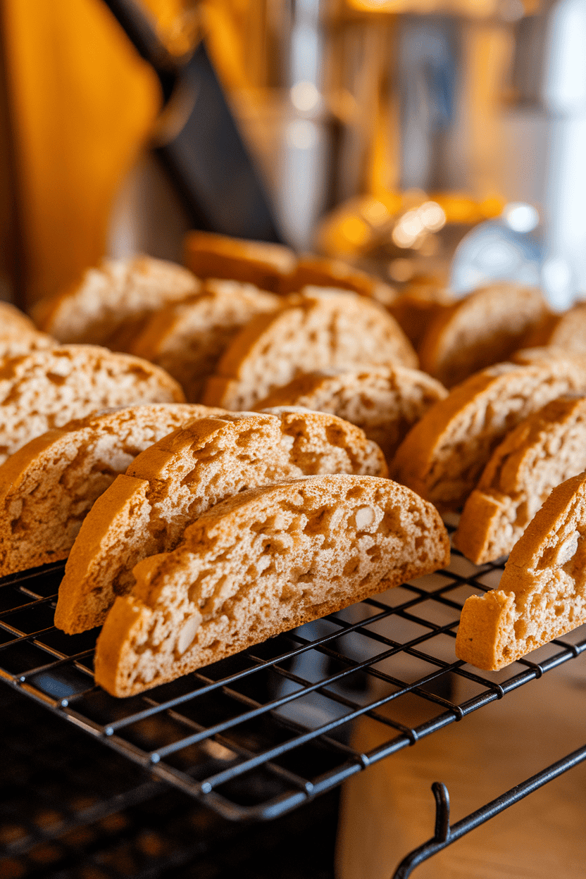An indoor baking rack lined with toasted almond biscotti slices, some leaning to show their crisp centers. Warm kitchen lighting, no text or logos. Photo, not illustration.