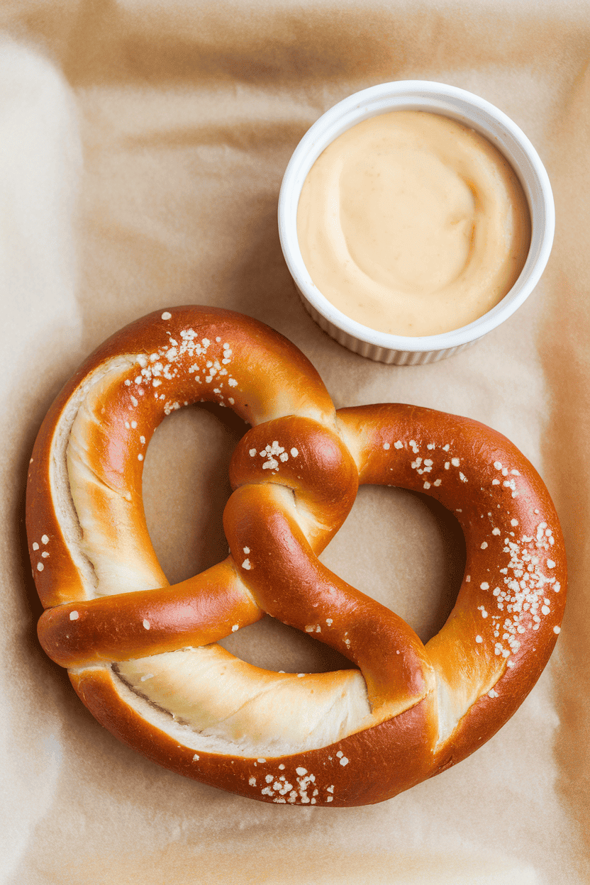 An indoor concession-style counter showing a golden, salted soft pretzel twist on parchment with a ramekin of mellow cheese dip beside it. Photo, not illustration. No text or logos.