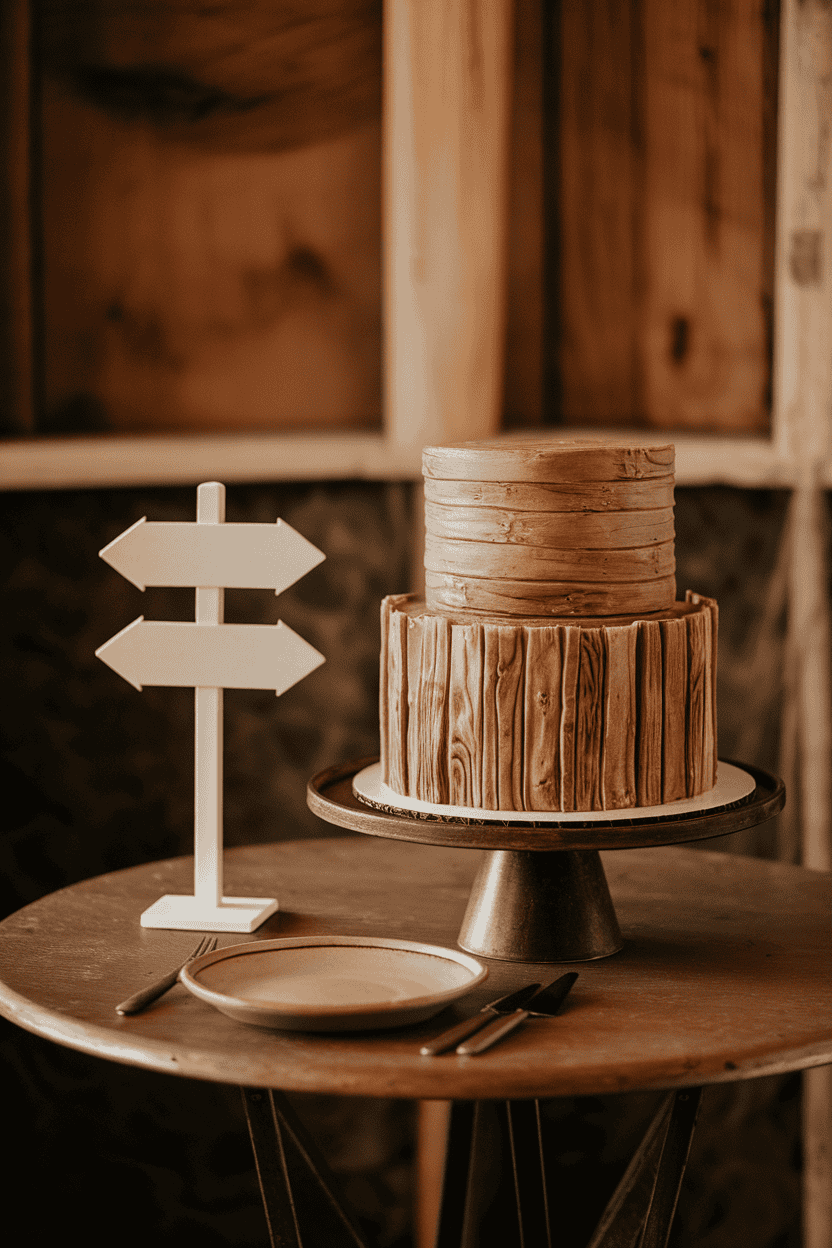 An indoor cake table featuring a two-tier cake with fondant woodgrain and a small standing signpost showing blank arrows, shot in warm ambient light. No text or logos; photo, not illustration.