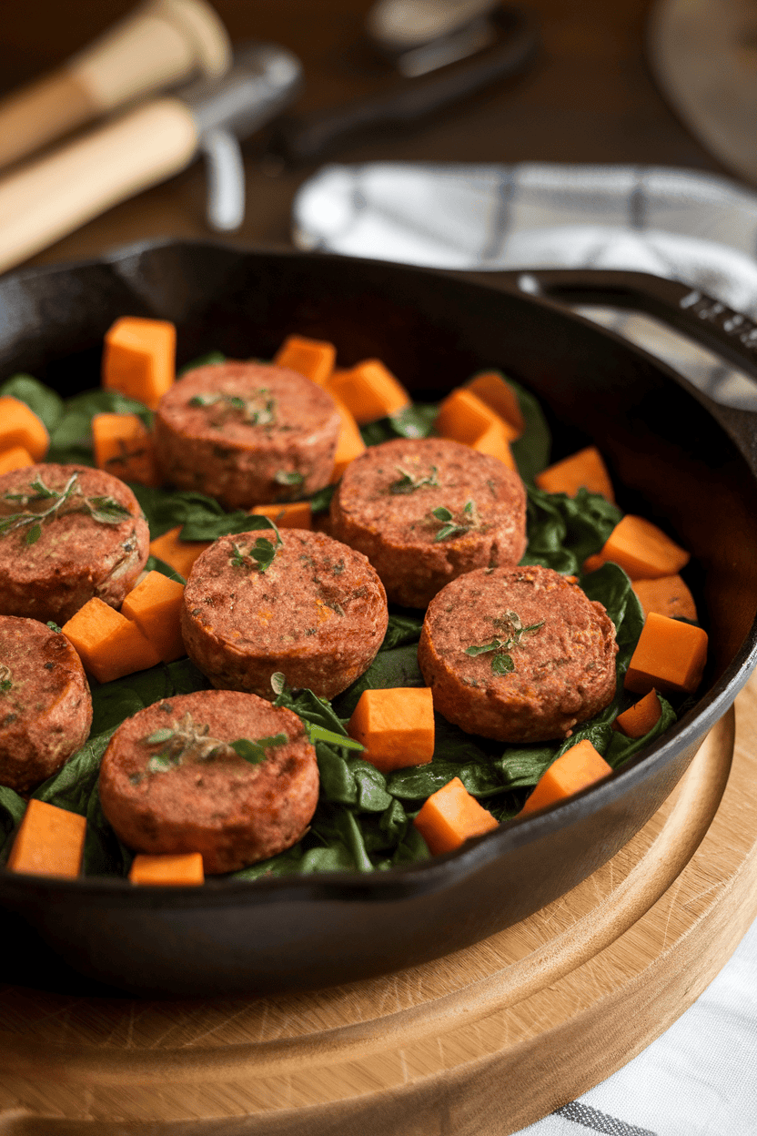 An indoor cast-iron skillet filled with browned veggie sausage rounds, diced sweet potatoes, and wilted spinach under warm lighting. No text or branding.