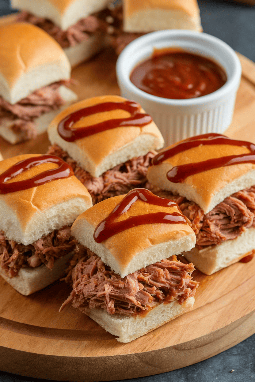 Photo prompt: Indoor platter of mini pulled pork sliders on soft rolls with a side ramekin of barbecue sauce; no logos, no text.
