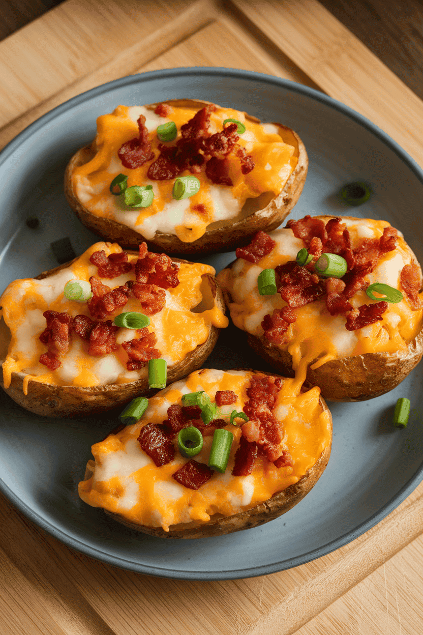 An indoor serving plate with crispy potato skin halves topped with melted cheese, bacon bits, and green onions; no text or logos. Photo, not illustration.