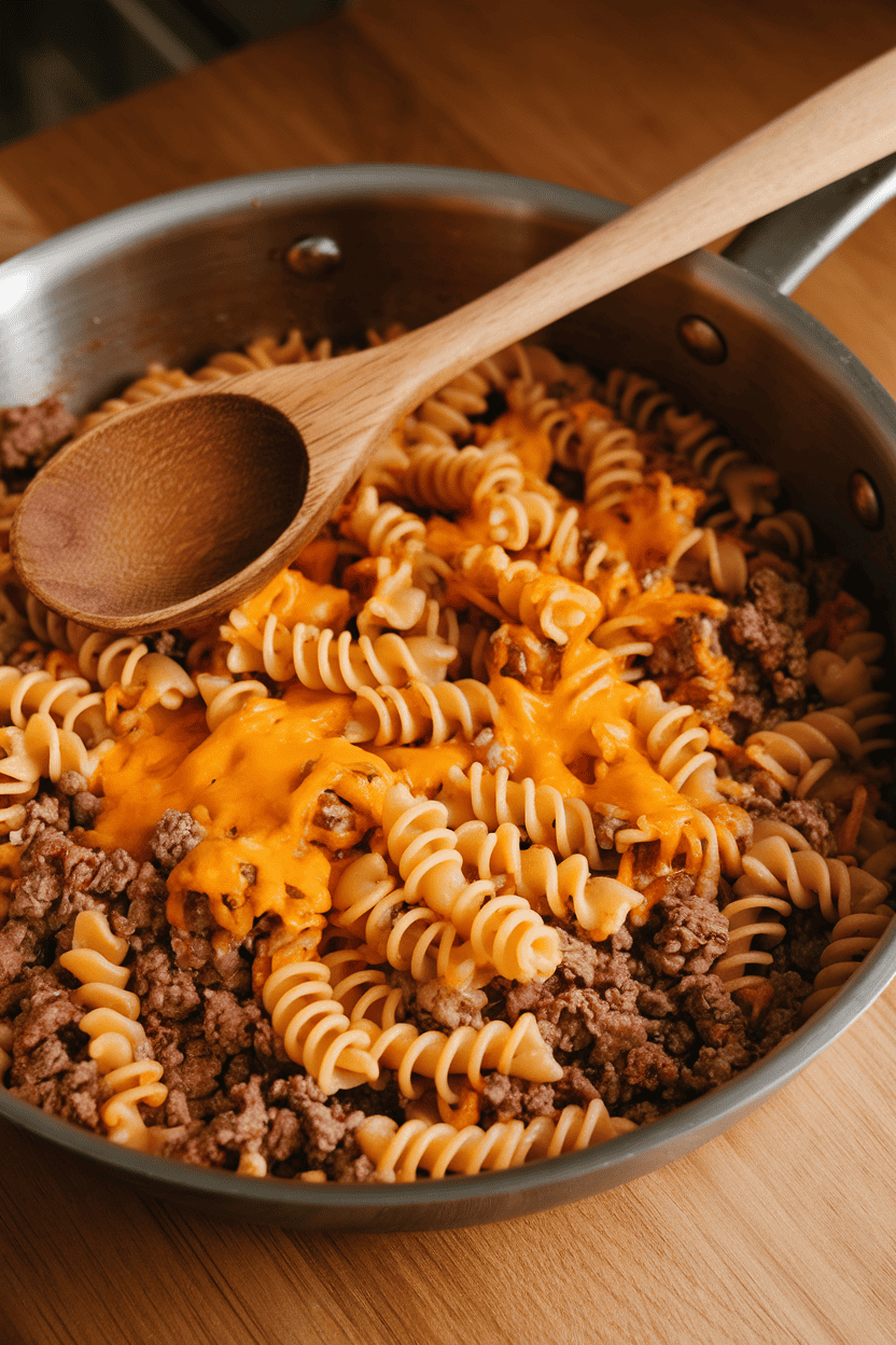 A shallow indoor skillet full of spiral pasta mixed with ground beef and melted cheddar, wooden spoon resting on the rim; photo, no text or logos.