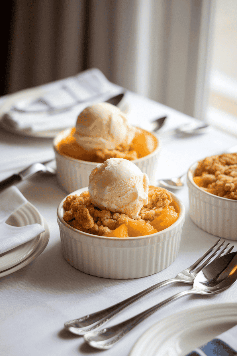Indoor dining table holding individual ramekins of golden-brown peach cobbler topped with vanilla ice cream just beginning to melt. No text or logos in view.