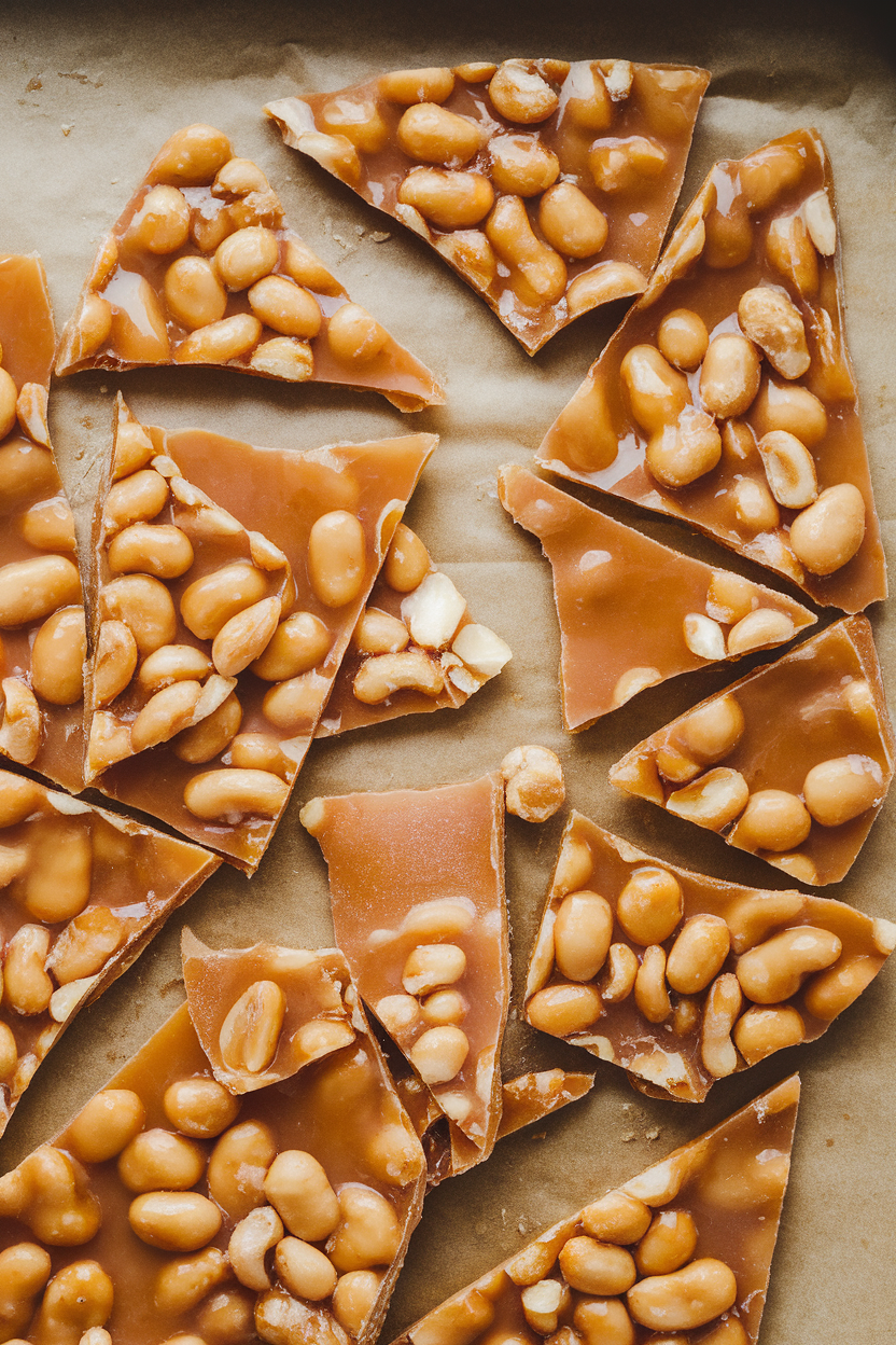 Indoor photo of golden sheets of peanut brittle broken into shards on parchment paper, light reflecting off glossy caramel. No text or logos anywhere.