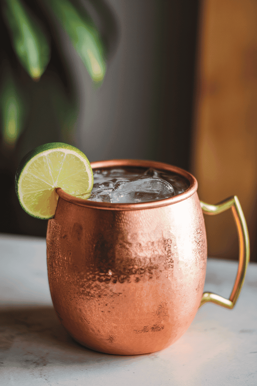 Photo, indoors, copper mug showing frosty exterior, gingery mule within, lime wedge perched on rim. No text or logos.