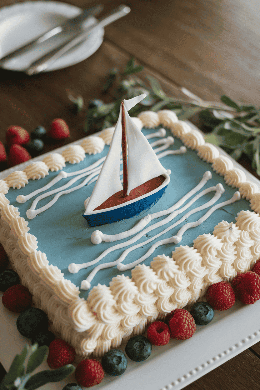 Indoor photo of a rectangular cake topped with a small fondant sailboat gliding across piped buttercream waves; no text or logos visible.