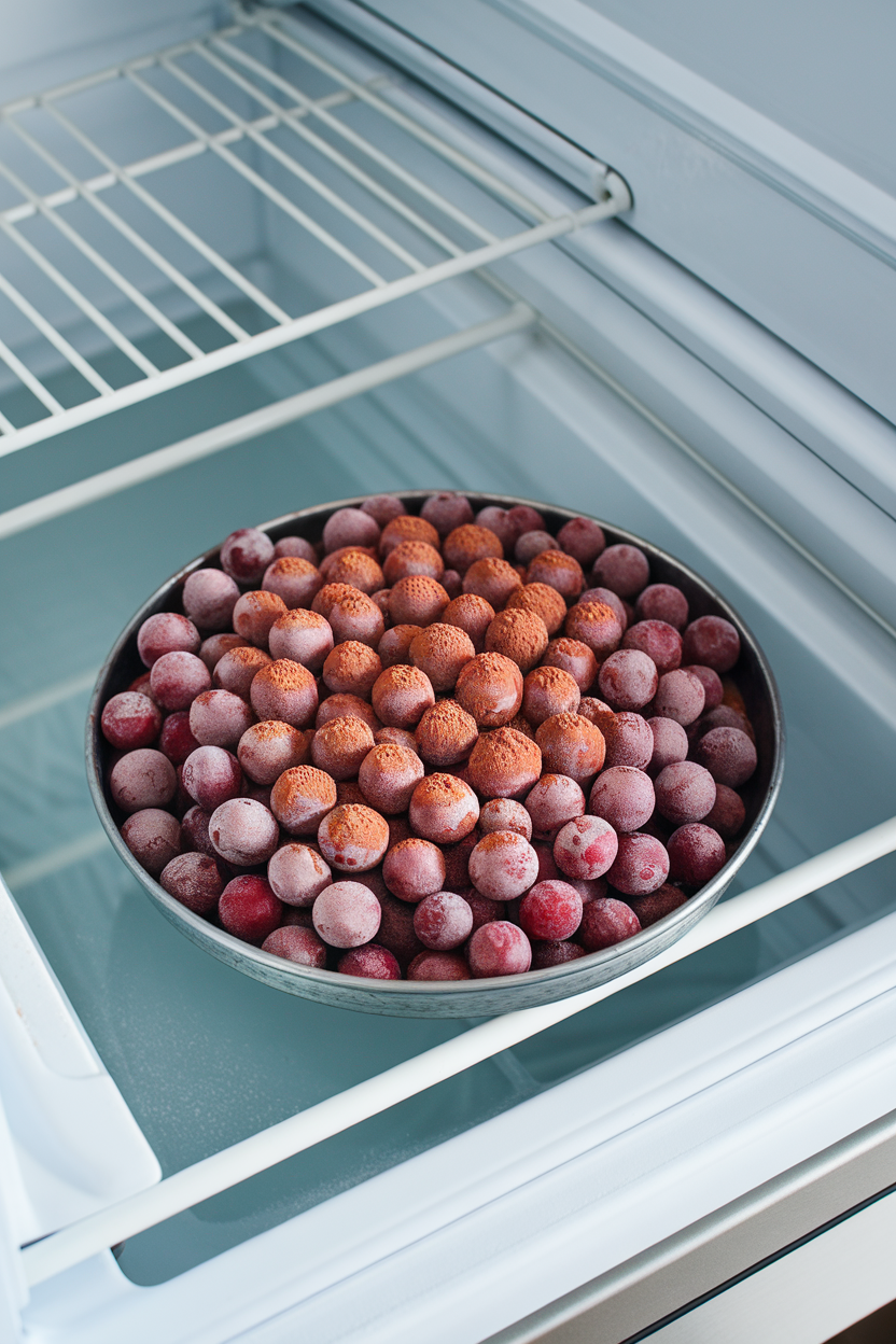 Photo — an indoor freezer-open shot of a shallow tray holding frozen red grapes lightly dusted with cocoa powder. No text or logos visible.