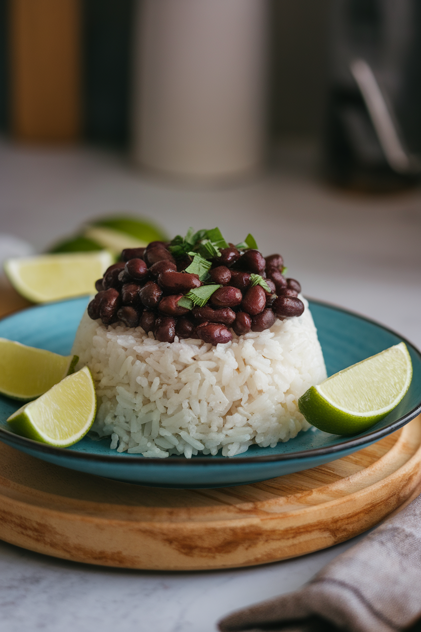 Indoor photo of a plate featuring fluffy coconut rice topped with glossy black beans and lime wedges on the side. Soft kitchen lighting, no logos or text.