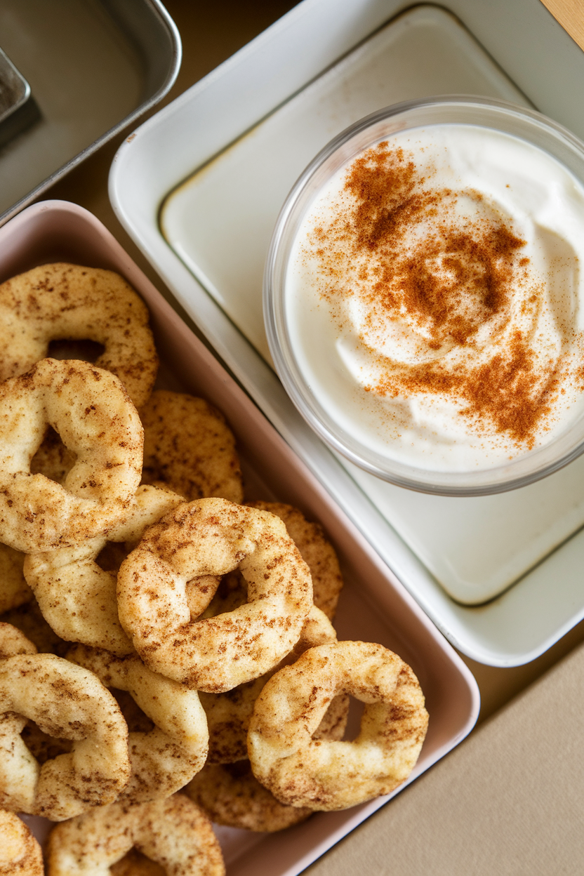 Indoor tabletop photo of cinnamon-raisin bagel chips in one section and vanilla Greek yogurt sprinkled with cinnamon in another. No branding or text visible.