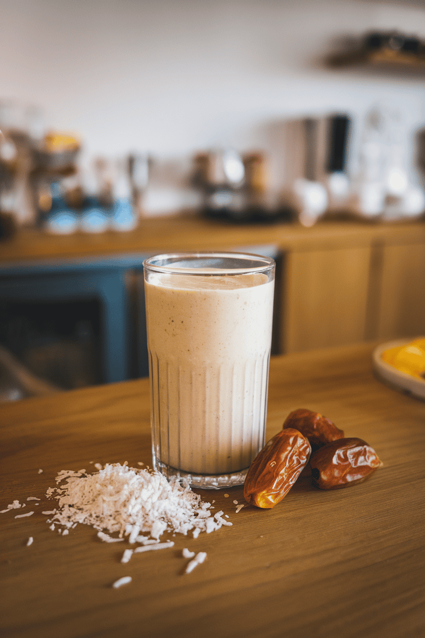 Indoor breakfast bar with a creamy ivory smoothie in a tall glass, shredded coconut and whole dates placed beside. Photo, no text or logos.