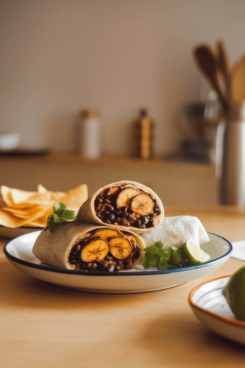 Warm indoor kitchen table displaying a burrito cut to reveal sweet plantain slices coated in dark mole sauce with black beans. No logos or text. Photo, not illustration.