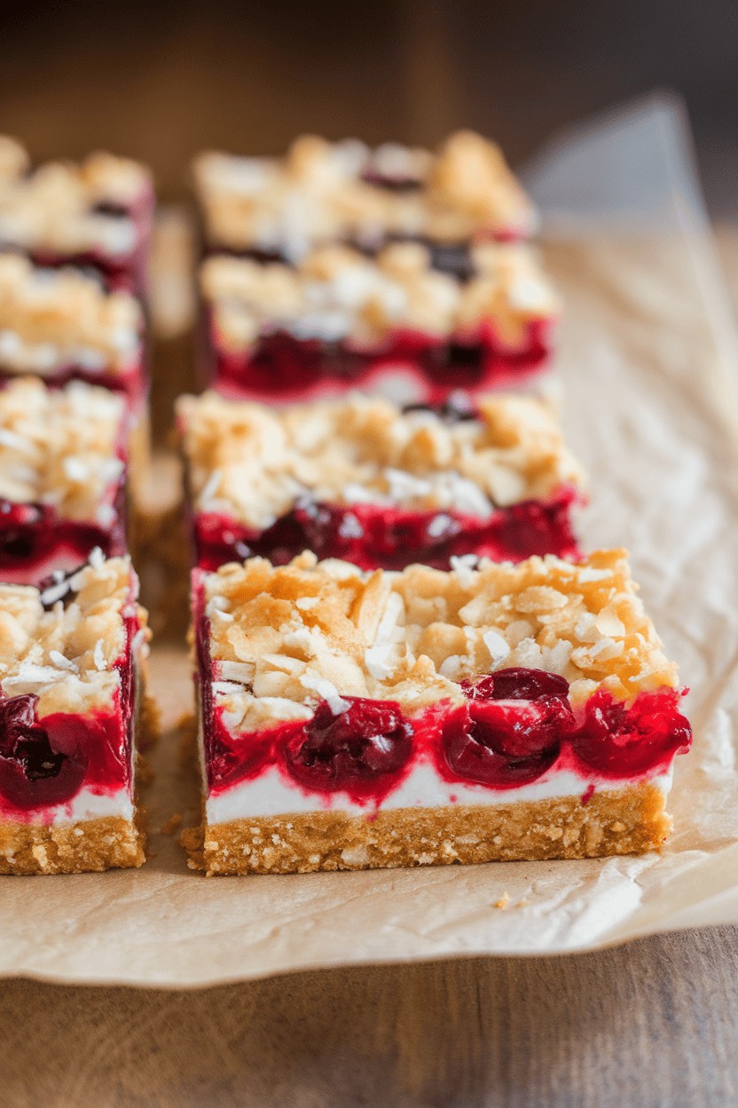 Indoor photo of layered cookie bars with a golden coconut crust and vibrant red cherry filling, cut into rectangles on parchment, soft side light, no text or logos
