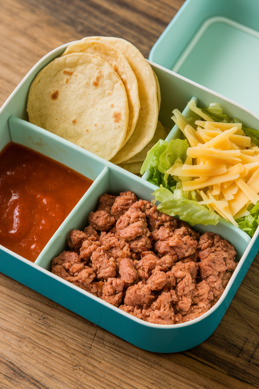 Indoor shot showing mini flour tortilla rounds, salsa as sauce, seasoned cooked ground turkey, shredded lettuce, and Mexican-blend cheese in separate bento wells—no logos or text.