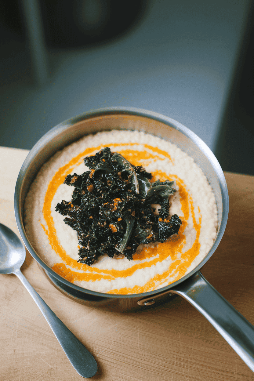An indoor saucepan filled with creamy grits swirled with cheddar, topped by sautéed kale; no branding, gentle overhead light. Photo, not illustration.