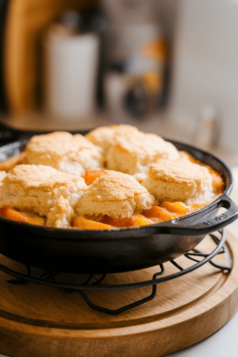 Indoor photo of a bubbling peach cobbler in a cast-iron skillet with a golden biscuit topping, placed on a trivet; warm, inviting light; no text or logos