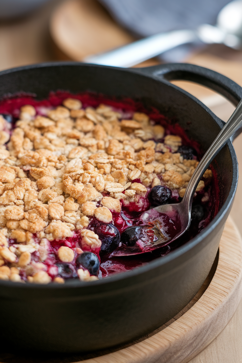 Indoor photo of a bubbling berry crisp topped with golden oat crumble in a cast-iron pot, a spoon revealing juicy filling. No text or logos.