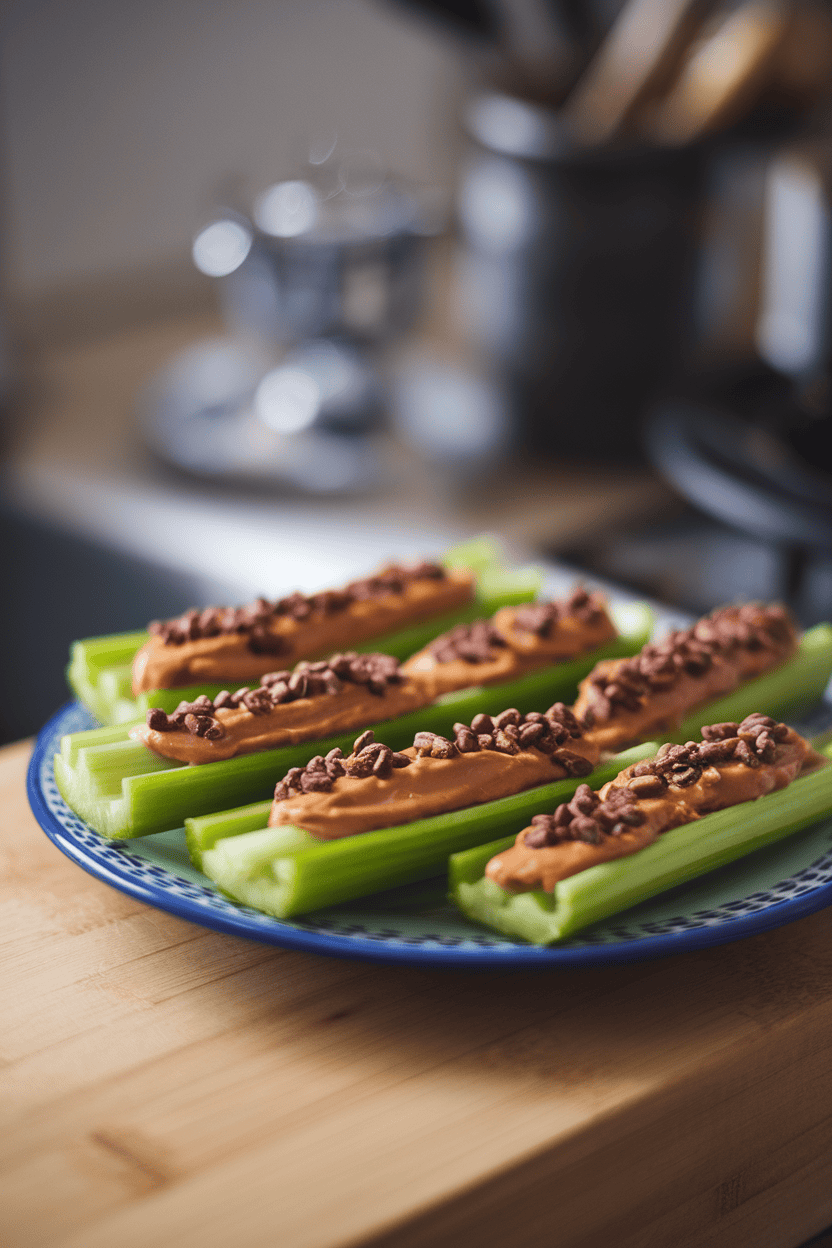 An indoor plate displaying celery sticks filled with peanut butter and sprinkled with crunchy cacao nibs for texture. No logos or text. Photo only.
