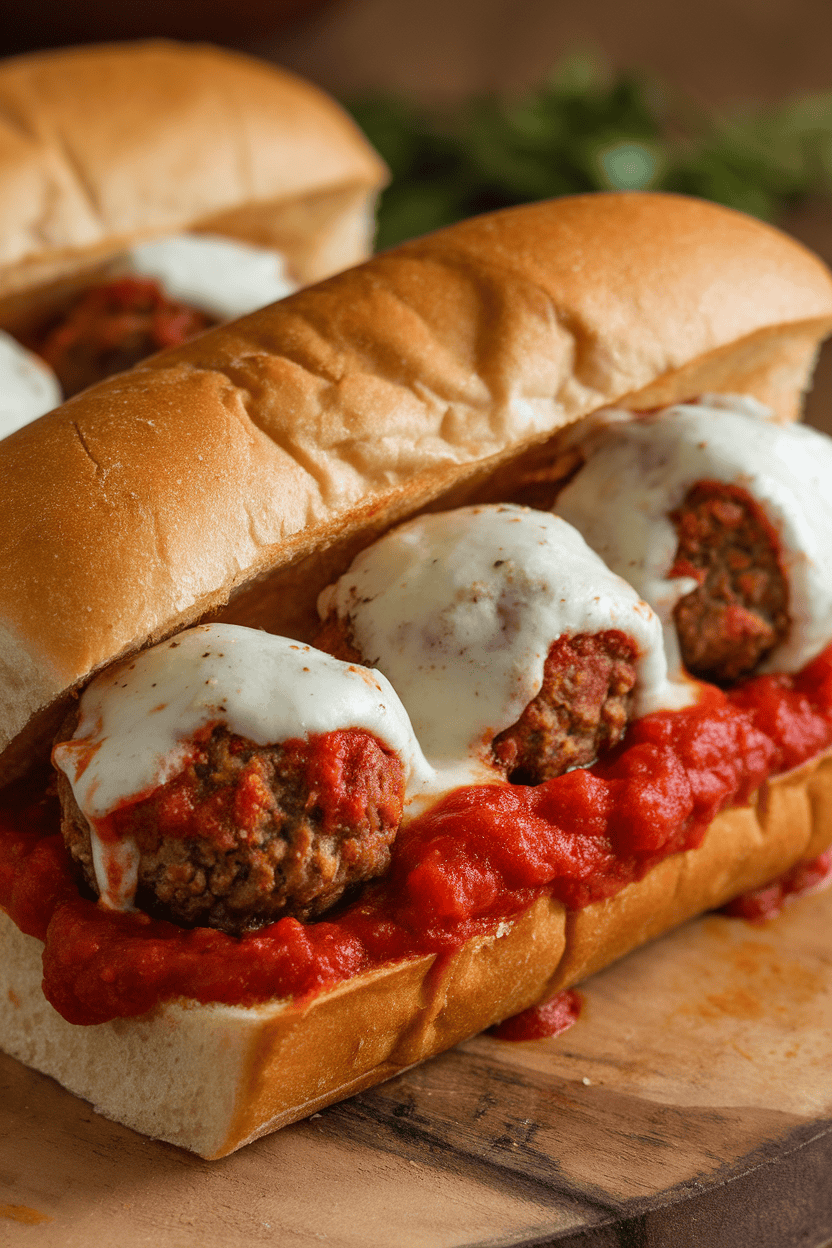 Indoor photo of a short sub roll filled with egg-free meatballs in marinara sauce and melted mozzarella, sauce slightly dripping. Cozy lighting, no text or logos.