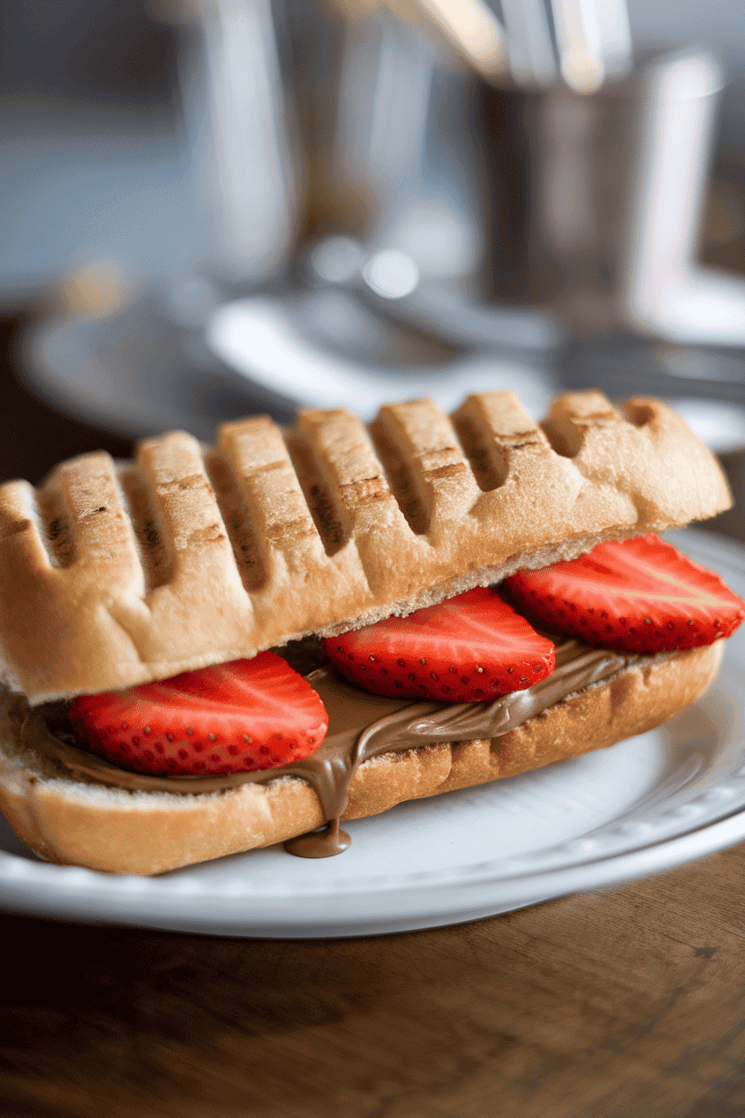 Indoor photo of a pressed dessert panini oozing Nutella and sliced strawberries, slight grill marks, no text or logos.