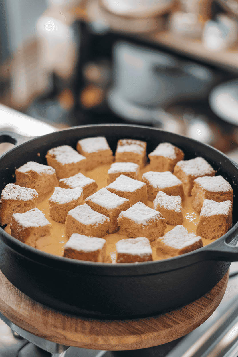 An indoor Dutch oven showing cubes of bread soaked in custard, baked until golden with powdered sugar on top—photo, no text or logos.