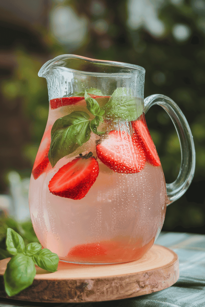 Photo, indoors, a pitcher of blush-pink lemonade, basil leaves and sliced strawberries suspended, condensation beads on glass. No text or logos.
