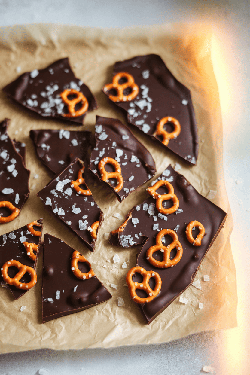 Indoor photo of broken shards of chocolate bark studded with mini pretzels and sea salt on parchment paper; subtle light; no text or logos