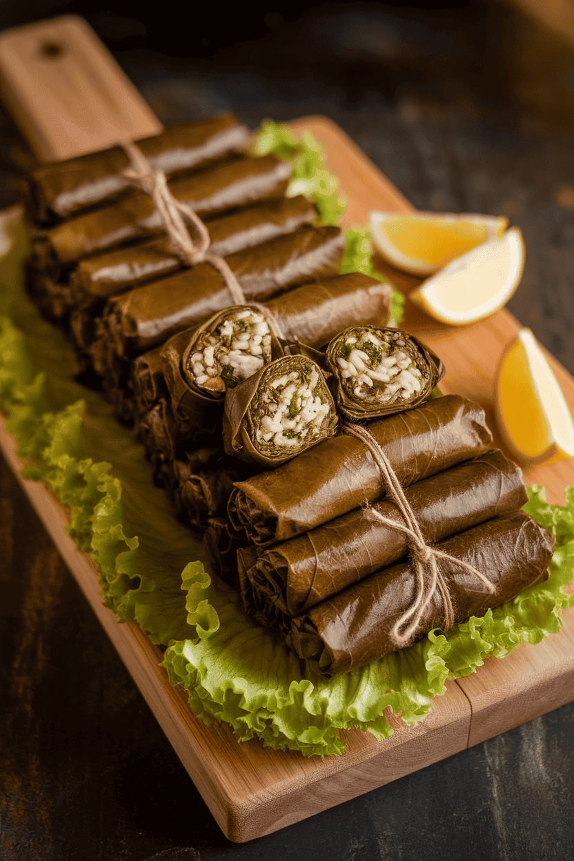 Indoor wooden board topped with neatly rolled grape leaves, some cut open to reveal rice-herb filling, alongside lemon wedges. No text or logos.