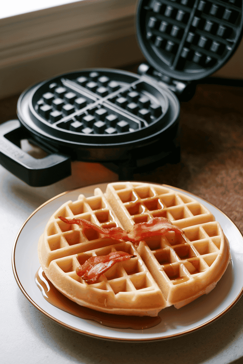 An indoor scene with a camp-style waffle iron resting on a counter, a waffle divided into quarters and drizzled with maple syrup, bacon pieces visible inside; no logos, inviting lighting. Photo, not illustration.