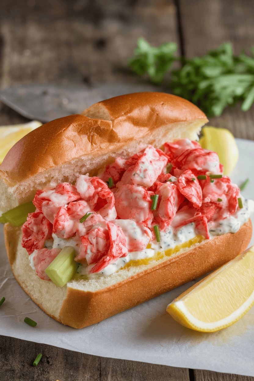 An indoor dining table featuring a butter-toasted split-top bun overflowing with chopped cooked lobster meat dressed in light mayo, celery, and chives. A lemon wedge sits alongside. Photo only, no text or logos.