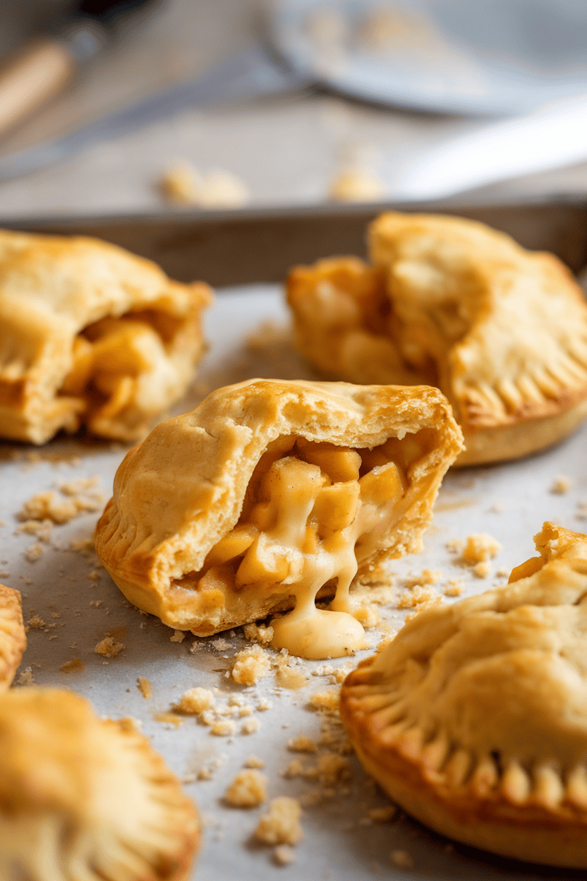 Indoor photo of golden hand pies split open to reveal melted cheddar and tender apple filling, crumb flakes scattered on a parchment-lined tray. No logos or text.