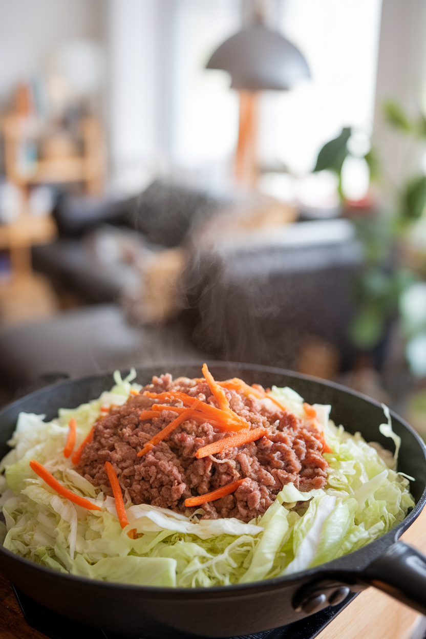 Indoor skillet filled with shredded cabbage, ground beef, and carrots in a light soy glaze, steam visible. No text or logos. Photo, not illustration.