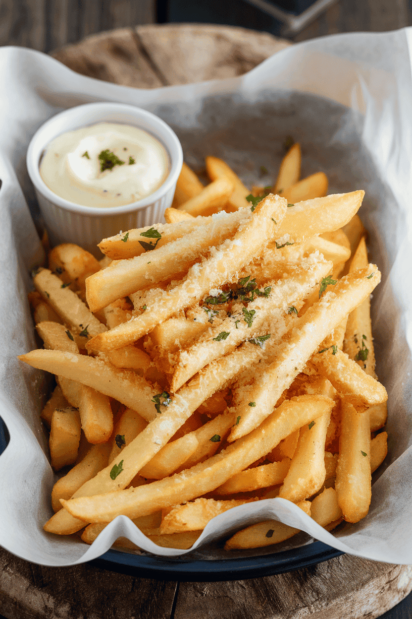 An indoor serving platter lined with parchment, piled high with golden fries dusted in grated Parmesan and minced parsley, a small cup of garlic aioli nearby. Photo, not illustration. No text or logos.