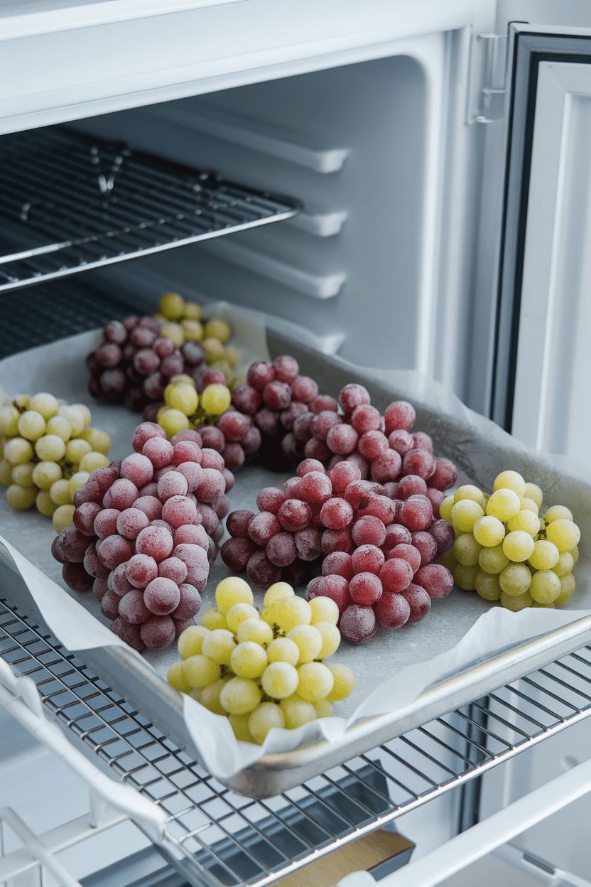 An indoor freezer-open view showing a baking sheet lined with parchment and clusters of frosty red and green grapes. No logos or text in the frame.