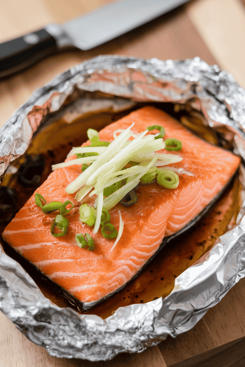 Indoor photo of cooked salmon in foil topped with fine julienne ginger and sliced scallions, glistening with soy-based sauce. No text or logos visible.