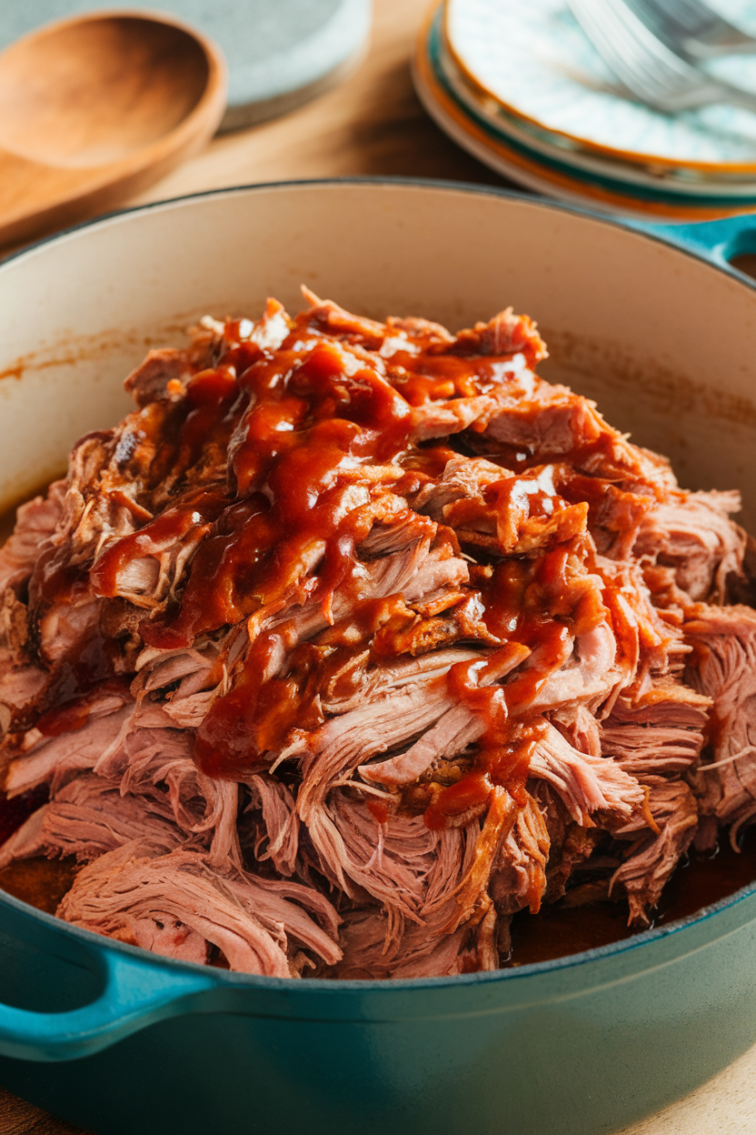 Indoor photo of shredded pork piled in a Dutch oven, glistening with barbecue sauce. Soft warm lighting and no branding.