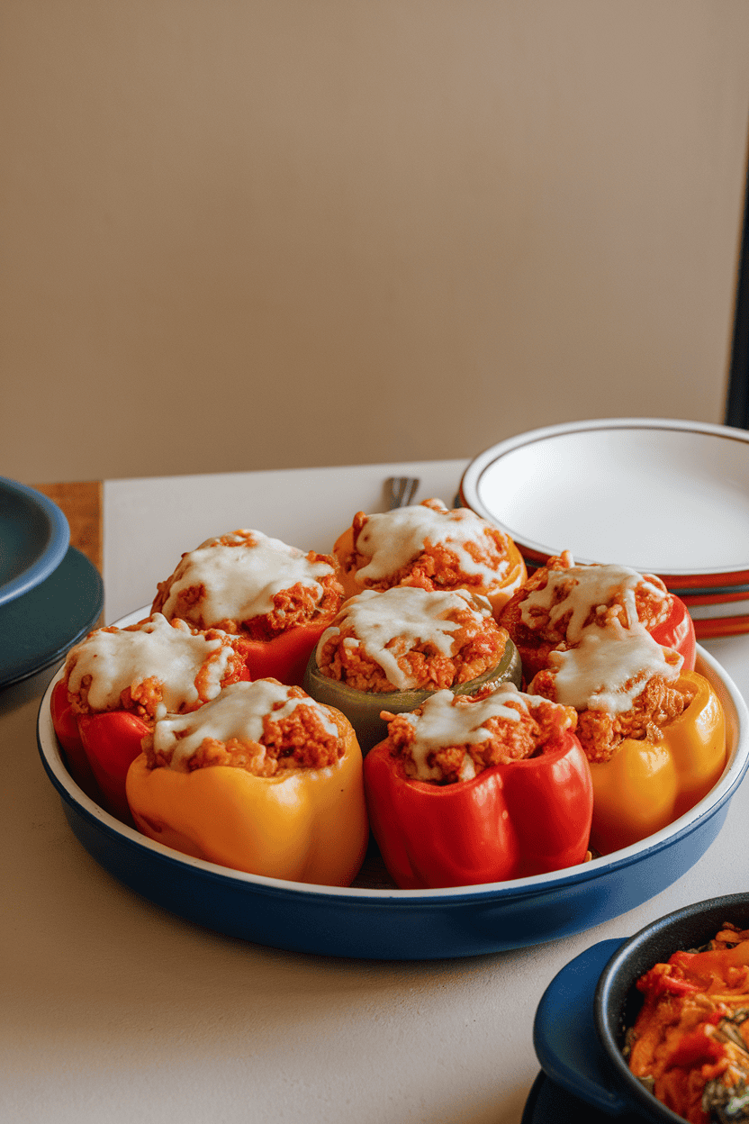 An indoor dining table featuring brightly colored bell peppers filled with tomato-rice and ground turkey mixture, melted cheese on top. Photo only; no text or logos.