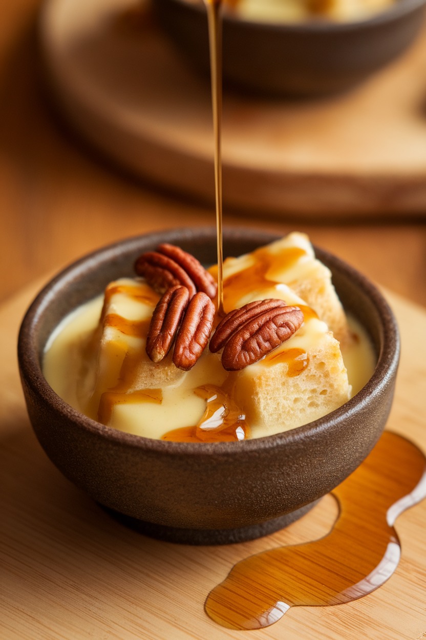 Indoor photo of a small stoneware bowl showing cubes of bread drenched in custard and speckled with toasted pecans, maple syrup drizzled on top. No text or logos.