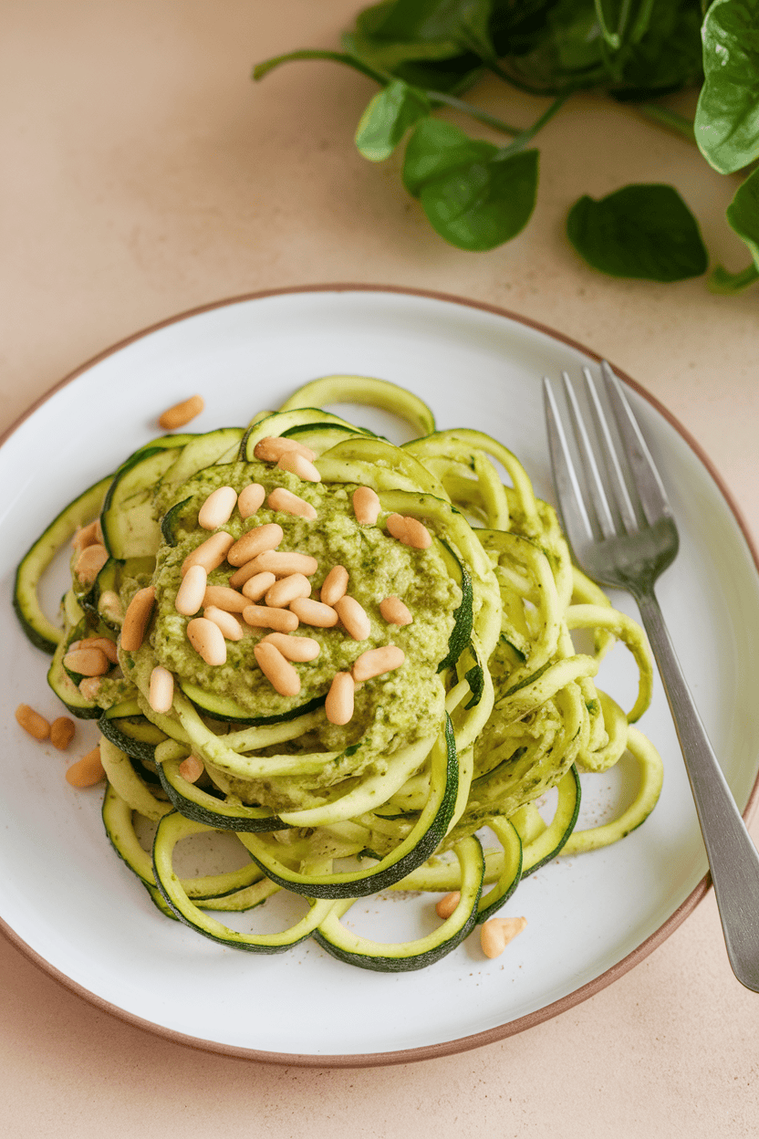 An indoor plate of raw zucchini noodles lightly coated in bright green basil pesto, garnished with toasted pine nuts. No text or logos. Photo only.