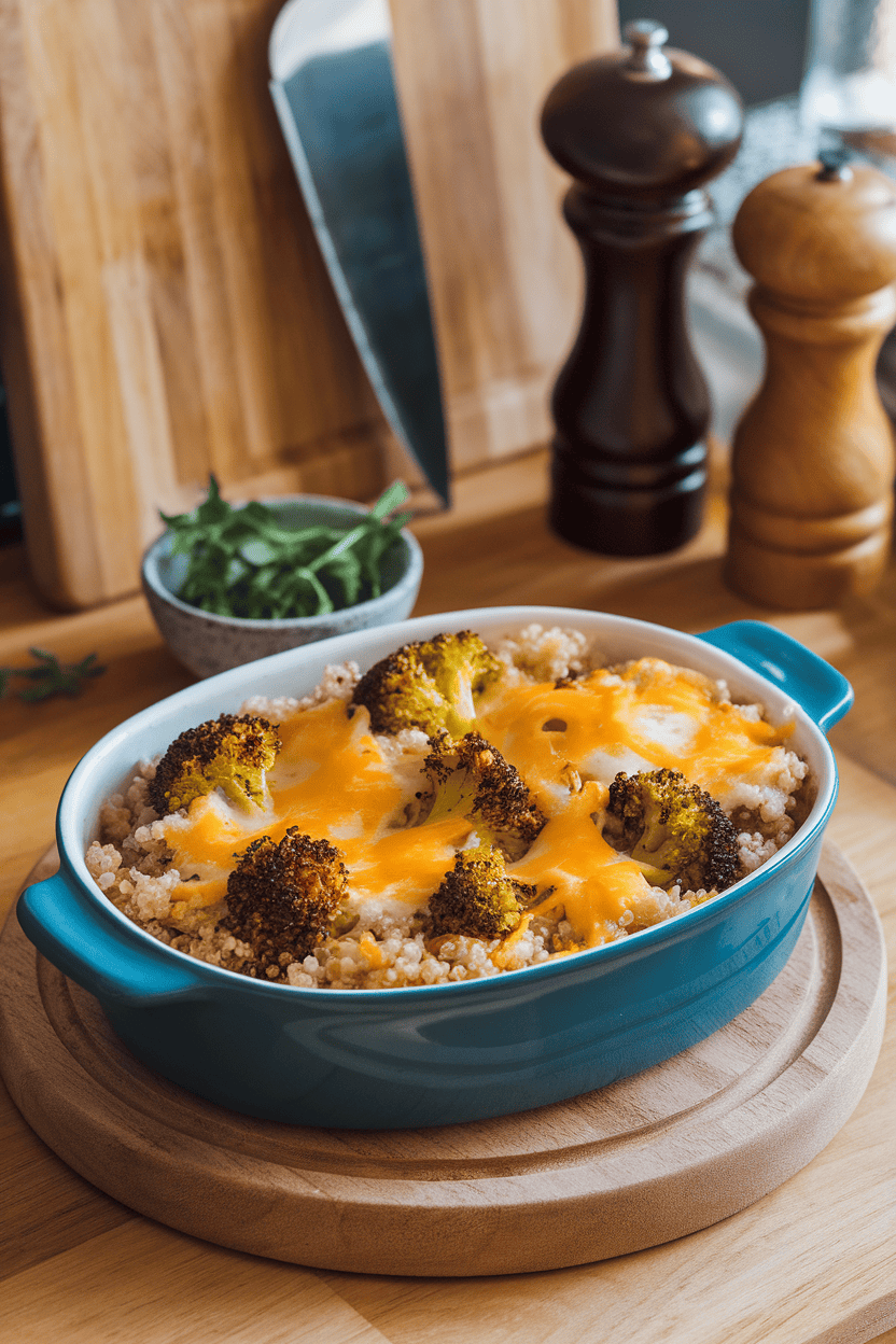 Photo of a modern indoor kitchen counter displaying a casserole of fluffy quinoa, vibrant broccoli florets, and melted cheddar cheese. No text or logos present.