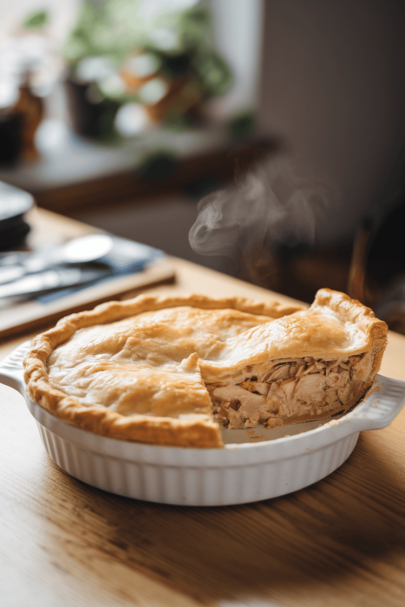 Indoor dining table featuring a golden baked chicken pot pie in a white ceramic dish, a slice removed to show creamy filling; no logos, steam rising, photo not illustration.