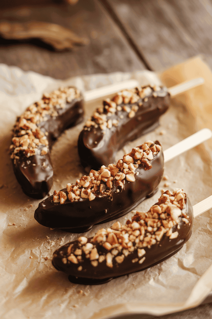 Indoor photo of frozen half-bananas on wooden sticks, coated in dark chocolate and rolled in chopped nuts, resting on parchment. Soft lighting; no text or logos.