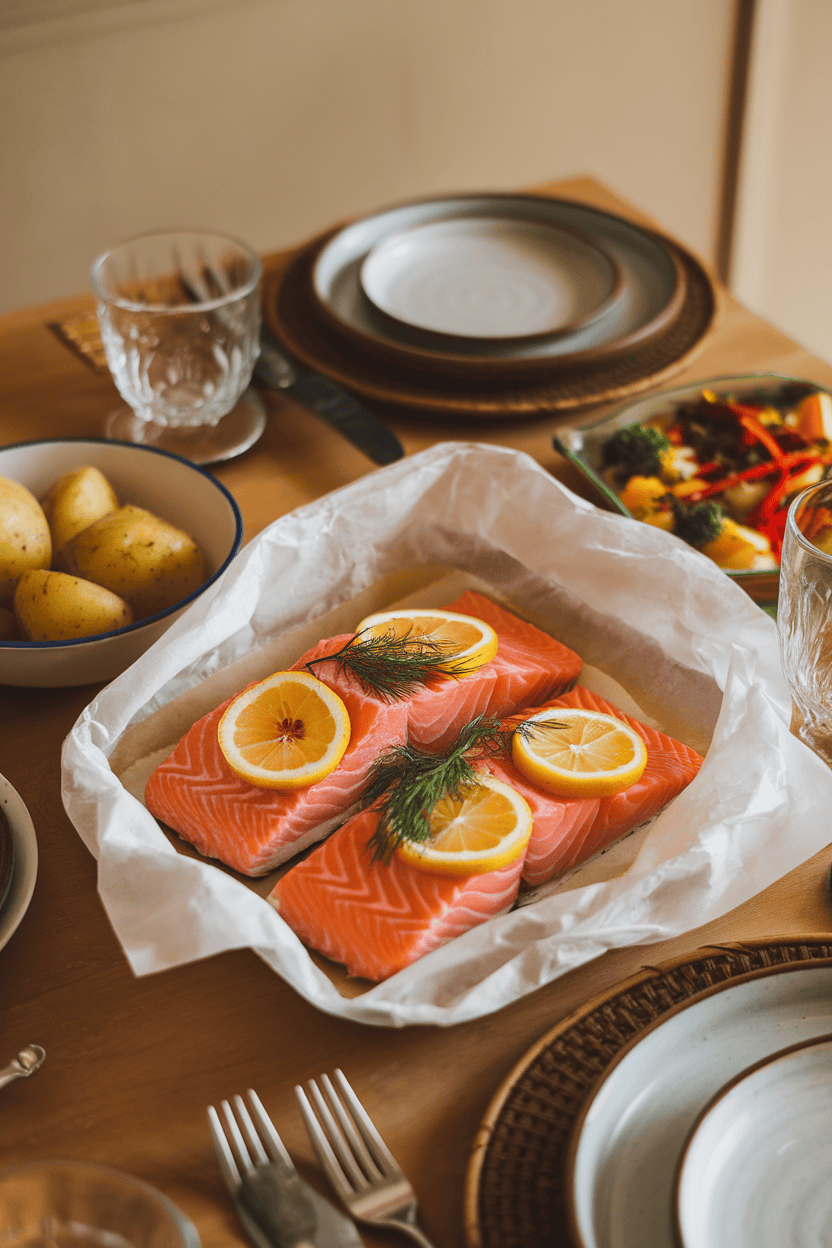 A warm indoor dining table with parchment-wrapped salmon fillets unwrapped to reveal flaky pink fish topped with lemon slices and fresh dill. Photo only, no logos.