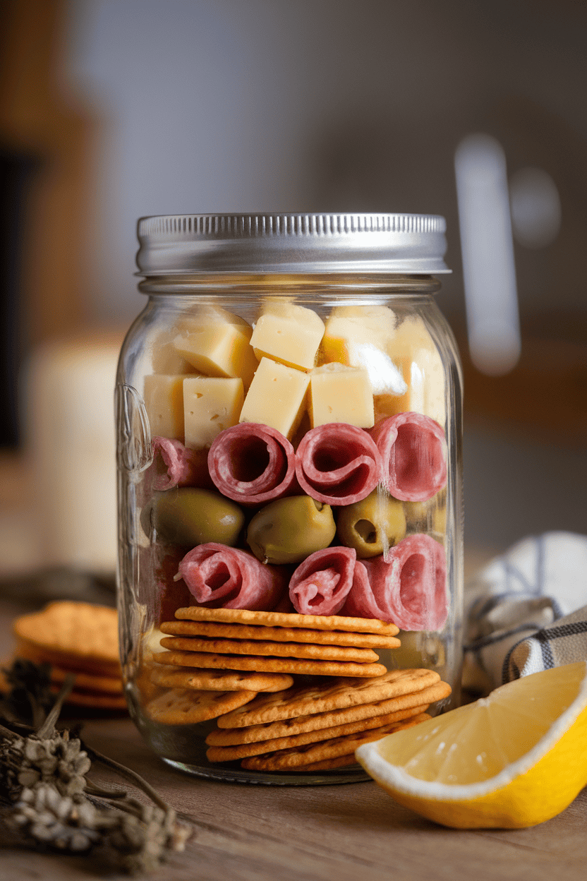 Photo prompt: Indoor mason jar filled with alternating layers of cubed cheese, cured meat rolls, olives, and crackers on top; no logos, no text.